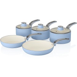 Swan Retro Pan Set with Easy Clean Non-Stick Ceramic Coating, Aluminium, Blue, 5 Piece