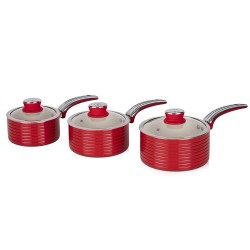 Swan Retro With Glass Lids, Non Stick Ceramic Coating, Easy to Clean, Cream, 3 Piece, Red
