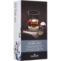 BarCraft Ice Ball Set, Stainless Steel, Pack of 2 Reusable Ice Cubes with Tongs and Storage Bag
