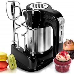 Duronic Stainless Steel Electric Hand Mixer Set , 300W, Black  - Storage Stand, 5 Speed Turbo Function 2 Beaters and Hooks