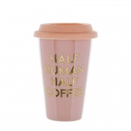 Candlelight Travel Mug "Half Human Half Coffee" ,Peach