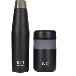 BUILT Insulated Food Flask and Leakproof Water Bottle Lunch GIFT SET & BOXED, Black