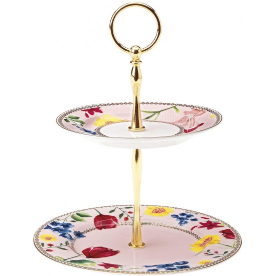 Maxwell & Williams HV0036 Teas and C's 2 Tier Cake Stand/Tiered Cupcake Stand with Contessa Design, Porcelain, Rose Pink, 19.5 x 22.5 cm