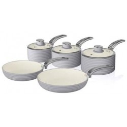 Swan Retro Induction Saucepan Set With Glass Lids, Non Stick Ceramic Coating, Easy to Clean, Grey, 5 Piece