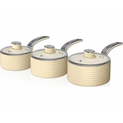 Swan Retro  Saucepan Set With Glass Lids, Non Stick Ceramic Coating, Easy to Clean, 3 Piece, Cream