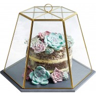 Artesà Geometric Glass Cheese / Cake Dome with Slate Serving Board, 31 x 27.5 x 25 cm (12" x 11" x 10") - Brass Effect