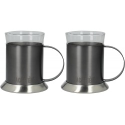 La Cafetiere Glass Double-Walled Glass/Metal Coffee Mugs, 200 ml - Gun Metal (Set of 2)