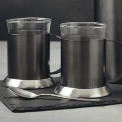 La Cafetiere Glass Double-Walled Glass/Metal Coffee Mugs, 200 ml - Gun Metal (Set of 2)