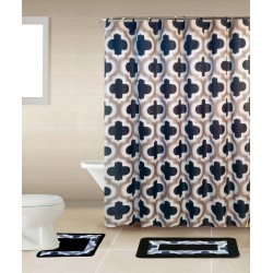 Home Dynamix 15-Piece Bath Shower Curtain & Bath Rug Set: Lattice Gray-Black - Includes: Shower Curtain, Bath Rug , Contour Rug + 12 Curtain Hooks