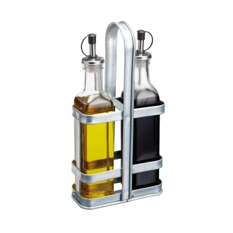 Industrial Kitchen Vintage-Style Glass Oil and Vinegar Cruet Set with Galvanised Steel Holder