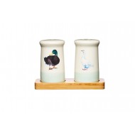 Apple Farm Hand-Finished Ceramic Salt and Pepper Shakers with Wooden Tray (3-Piece Set)