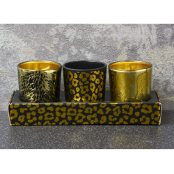 Candlelight Animal Luxe Set of 3 Wax Filled Candle Pots with Leopard Print Midnight Pomegranate Scent
