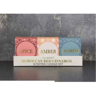 Candlelight Morocco Set of 3 Mini Votive Candles, Moroccan Red Cinnamon Scent, Gift Boxed