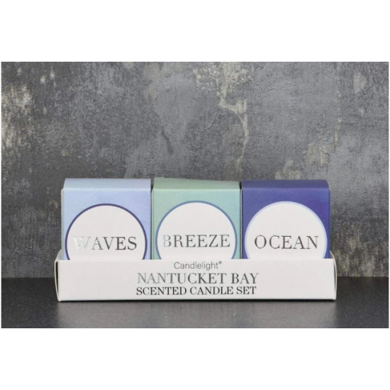 Candlelight Nantucket Bay Set of 3 Mini Votive Candles in Gift Box Seasalt Scent