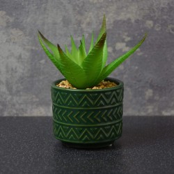 Candlelight Spikey Succulent in Ceramic Pot with Aztec Design Green, 12cm ( Includes Pot & Artifical Plant)