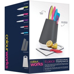 Colourworks 3-in-1 Space Saving Wooden Knife Block + Plastic Chopping Board + Utensil Holder Set