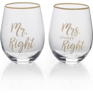 Mikasa Stemless Wine Glass Gift Set, 18-Ounce, Mr. Right/Mrs Always Right (Set of 2)