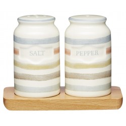 Classic Collection Striped Ceramic Salt and Pepper Shakers with Wooden Tray - Cream, 3-Piece