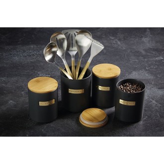 MasterClass Stoneware and Brass-Effect Coffee Canister with Airtight Bamboo Lid, 1 L (1.75 Pints) - Black