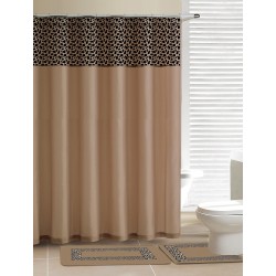 Home Dynamix 15 piece Bath Set, Designer Bath,  Leopard, Beige - Includes: Shower Curtain, Bath Rug , Contour Rug + 12 Curtain Hooks
