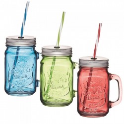 Kitchen Craft 450 ml Glass Drinking Mason Jar with Straw - Assorted Colors