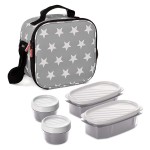 Tatay Grey Stars Food Kit - 5 - Piece Set + Insulated Thermo Bag - Microwave & Fridge Safe & 4 BPA Free Containers