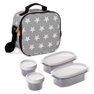 Tatay Grey Stars Food Kit - 5 - Piece Set + Insulated Thermo Bag - Microwave & Fridge Safe & 4 BPA Free Containers, Grey