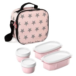 Tatay Pink Stars Food Kit - 5 - Piece Set + Insulated Thermo Bag - Microwave & Fridge Safe & 4 BPA Free Containers