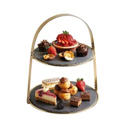 Artesà 2-Tiered Cake Stand with Round Slate Serving Platters, 29.5 x 29.5 x 35 cm (11.5" x 11.5" x 14") - Brass Finish
