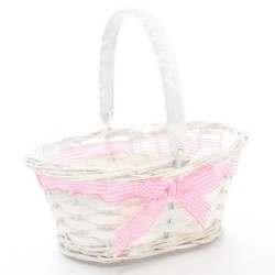 Rainbow Oval Planting Basket with Gingham Ribbon Bow and Wooden Handle White/Pink, 25cm