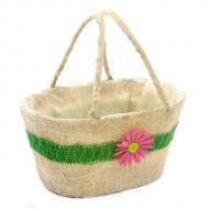 Rainbow Sisal Basket With Handles - Ivory/Green With Pink Flower Deco, 24cm 