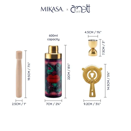 Mikasa x Sarah Arnett 4pc Gift Boxed Cocktail Shaker Set, Stainless Steel Cocktail Making Set with 600ml Shaker, Double Jigger, Strainer & Muddler - Bartender Kit for Home Bars