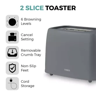  Tower Presto 2 Slice Toaster with 6 Browning Levels, 650W, Grey