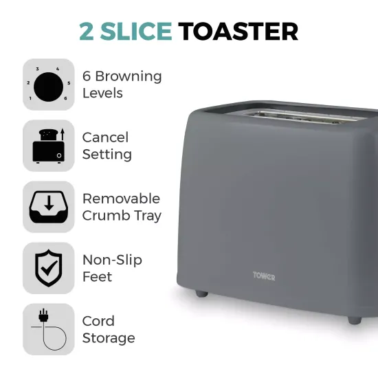  Tower Presto 2 Slice Toaster with 6 Browning Levels, 650W, Grey