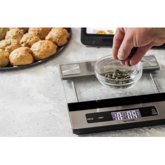 Taylor Digital Kitchen Food Scales with Glass Platform, Highly Accurate with Tare Function and Precision, Stainless Silver Weighs 5 kg