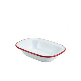 Neville Genware Enamel Rect. Pie Dish White with Red Rim 20cm