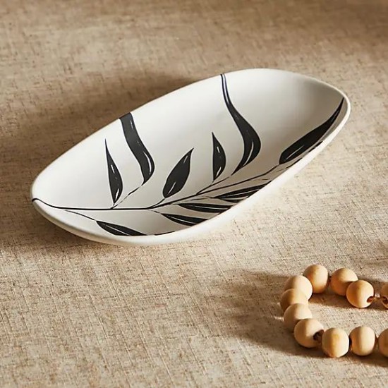 Dunelm Oblong Leaf Platter, Matte White and Black, 25 cm