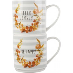 Creative Tops “Be Happy” and “Hello Lovely” 2-Piece Set of Fine China Stacking Mugs, Grey