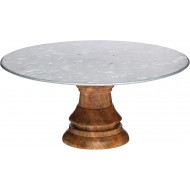 Industrial Kitchen Wooden Cake Stand with Steel Platter, Steel, Multi-Colour, 19.5 cm