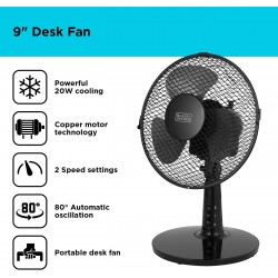 Black and Decker 9 Inch Desk Fan with 2 Speeds, Rotary Oscillation, 20W, Black