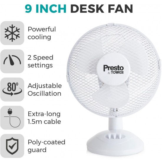 Shop quality Presto by Tower 9 Inch Desk Fan with 2 Speeds, Rotary Oscillation, 20W, White in Kenya from vituzote.com Shop in-store or online and get countrywide delivery!