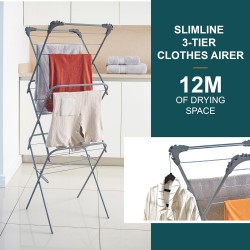 OurHouse Slimline 3-Tier Clothes Airer, Steel Frame, Indoor Use, 12M, 15KG, Grey