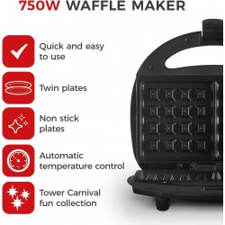 Tower Waffle Maker, Plastic, 750 Watts, Black