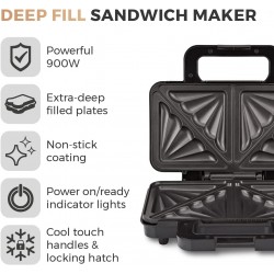 Tower Deep Filled Sandwich Maker with Non-Stick Coated Plate and Automatic Temperature Control, 900 Watts, Rose Gold