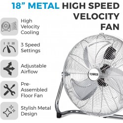 Tower Metal High-Speed Velocity Floor Fan with Adjustable Tilt, 18”, 100W, Chrome