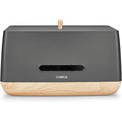 Tower Scandi Bread Bin, Robust Plastic Body, Anti Slip Base, Matte Grey with Wood Effect Accents