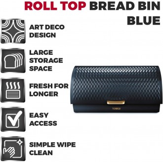 Tower Empire Roll Top Bread Bin, Stainless Steel, Midnight Blue and Brass