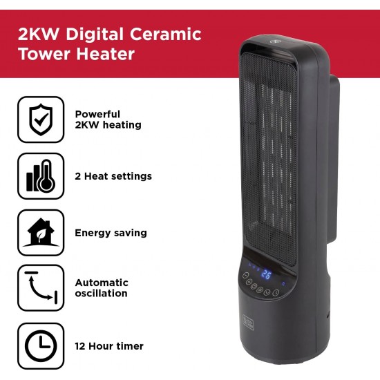 Black+Decker Digital Oscillating Ceramic Tower Heater, Remote Control and 12 hour timer, 2kW, Black, BXSH4400 Shop quality Black+Decker Digital Oscillating Ceramic Tower Heater, Remote Control and 12 hour timer, 2kW, Black in Kenya from vituzote.com Shop in-store or get countrywide delivery!
