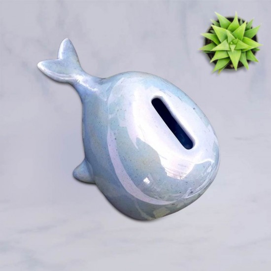 Dunelm Ceramic Whale Money Box, Blue with Rubber Bung 