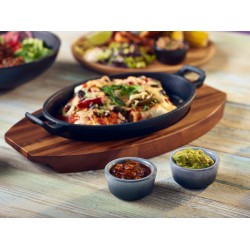 Neville Genware Cast Iron Oval Eared Dish with Acacia Wood Trivet - Length: Dish 24 cm, Trivet 34 cm